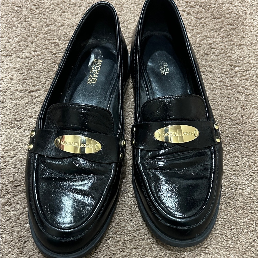 Michael Kors Black Patent Leather Loafers with Gold Plaque